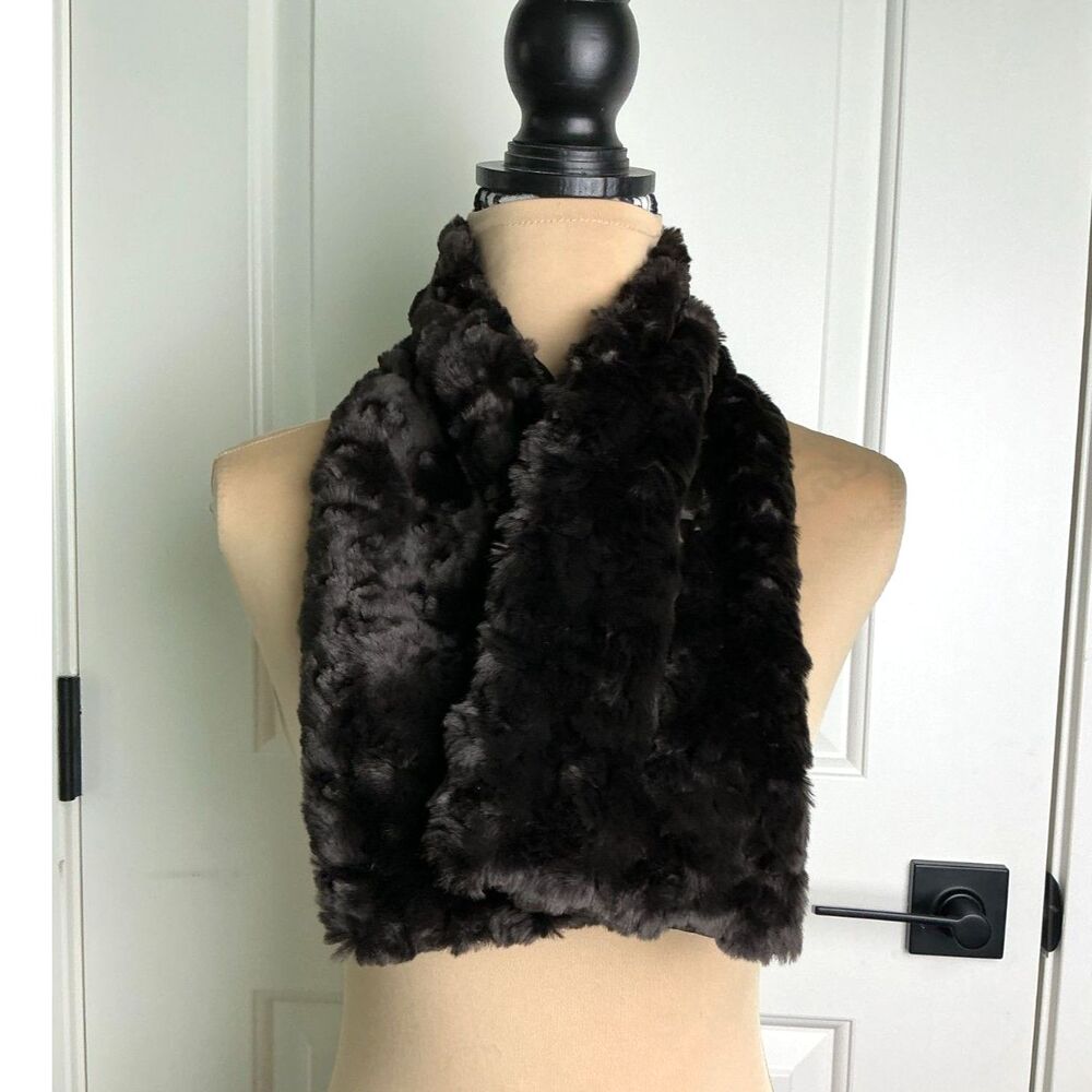 Unbranded Faux Fur Pull Through Scarf Black Brown Lined Plush OS